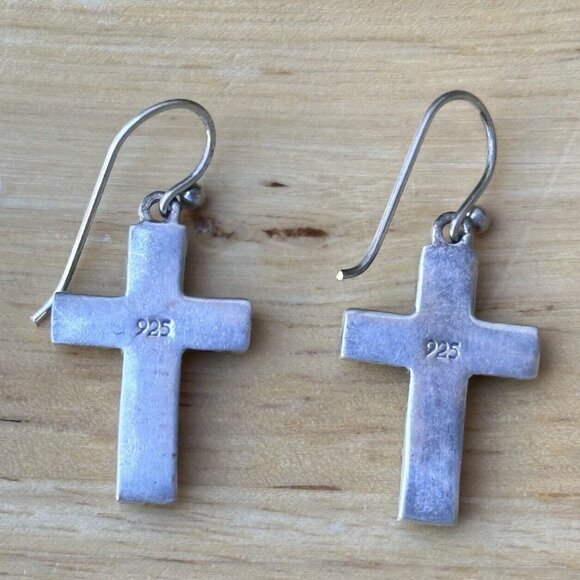 VTG Christian Cross Hook Earrings‎ 1.5" Turquoise Gaspeite 925 Sterling MOP 6.7g - Picture 2 of 4
